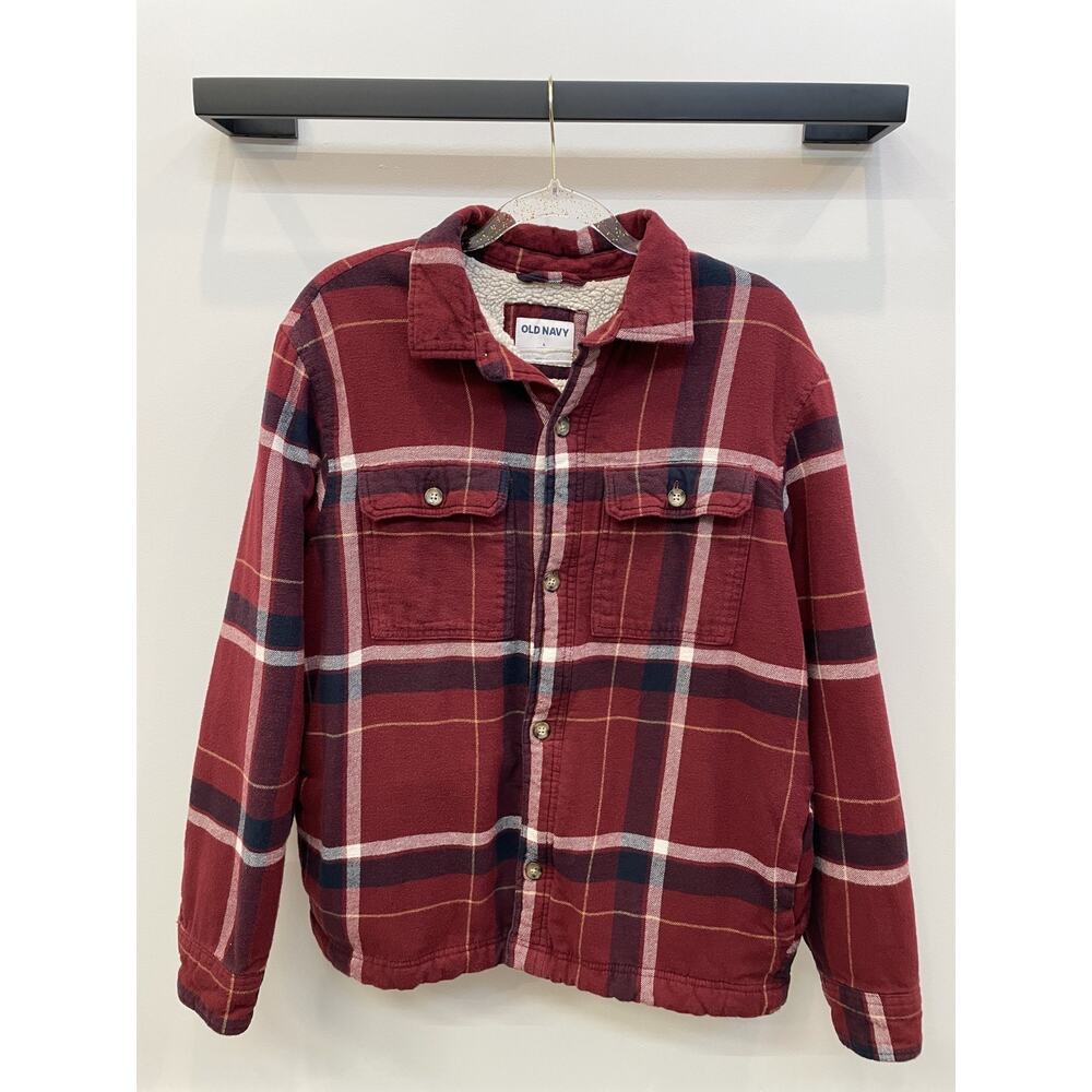 Sherpa Lined Flannel Jacket Men L Red Blue Plaid Shirt Jacket Warm Winter